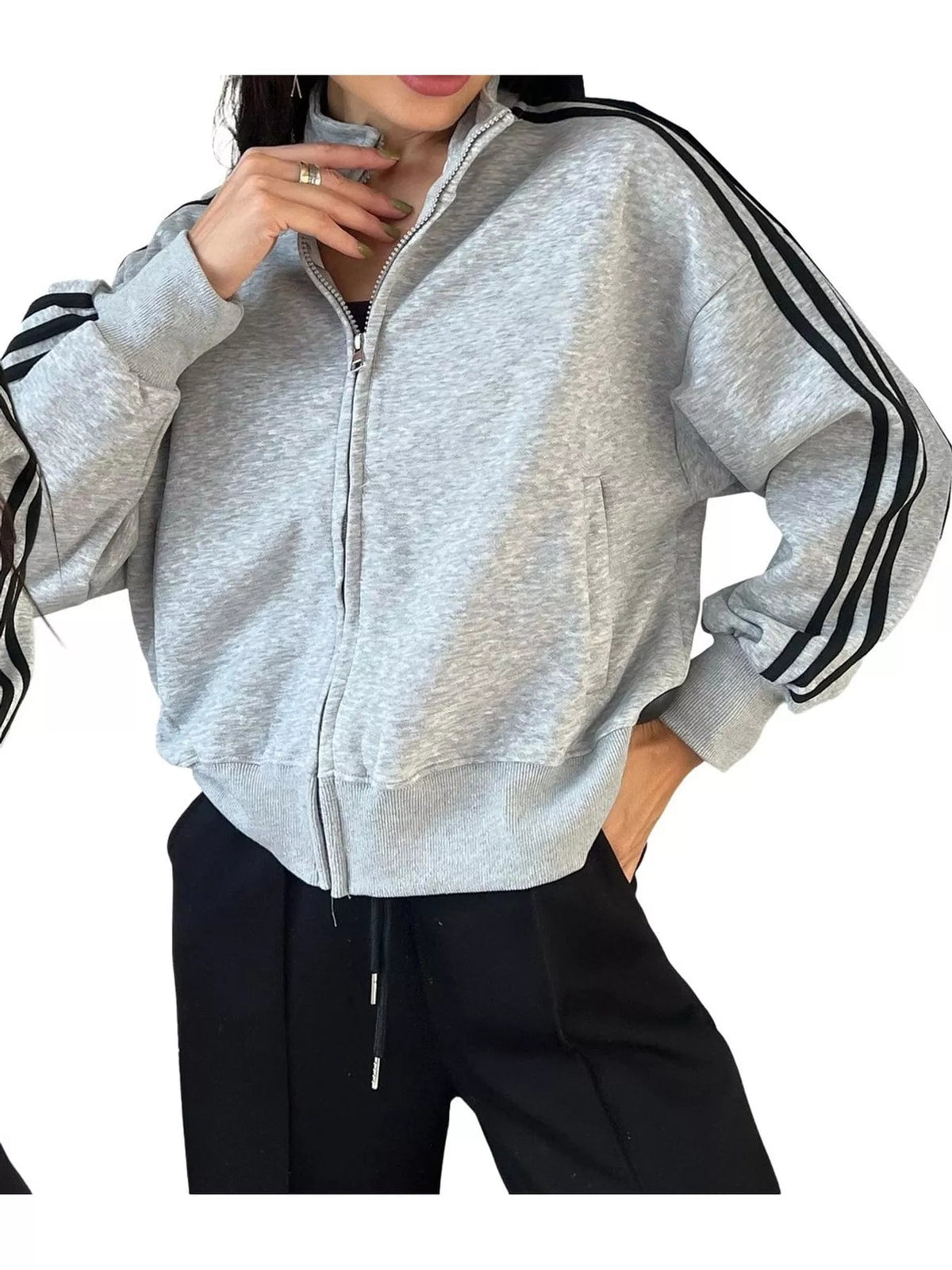 Side Stripes Zip-Up Sweatshirt - Bitsy Gypsy Boutique