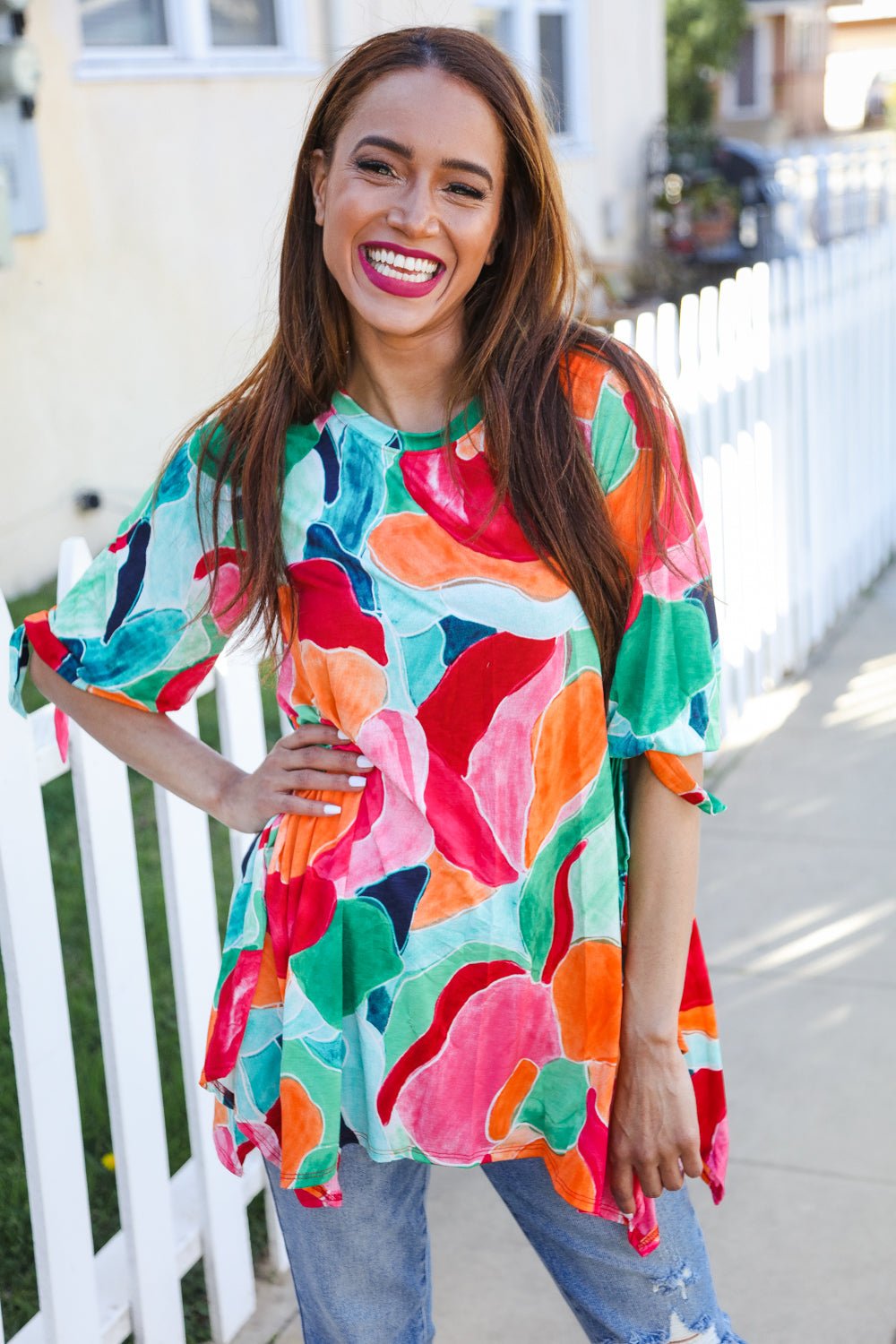 Sieze The Day 3/4 Tie Sleeve Shark Bite Hem Abstract Print Tunic - Bitsy Gypsy Boutique