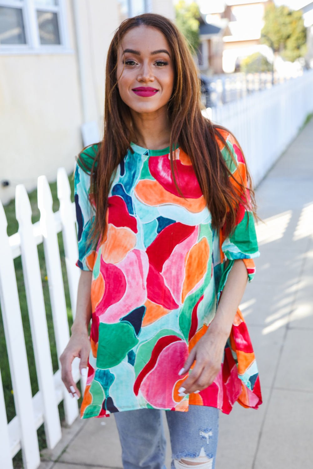 Sieze The Day 3/4 Tie Sleeve Shark Bite Hem Abstract Print Tunic - Bitsy Gypsy Boutique