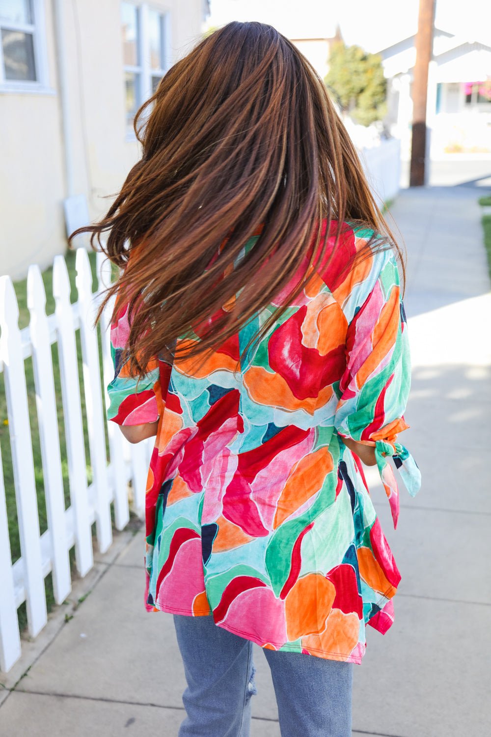 Sieze The Day 3/4 Tie Sleeve Shark Bite Hem Abstract Print Tunic - Bitsy Gypsy Boutique