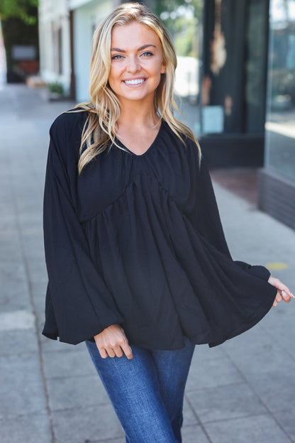 Simple Elegance Black V Neck Babydoll Woven Top - Bitsy Gypsy Boutique