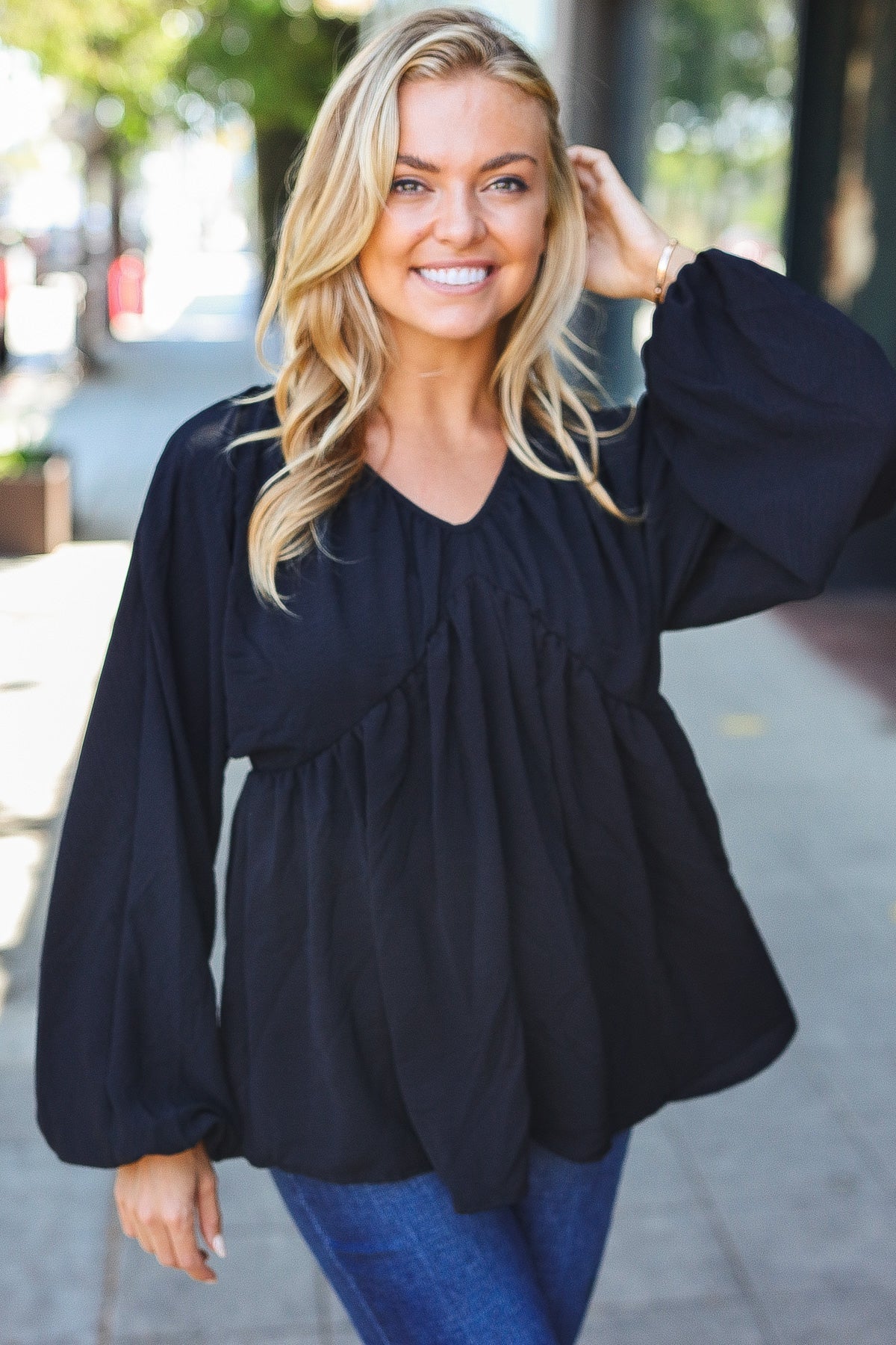 Simple Elegance Black V Neck Babydoll Woven Top - Bitsy Gypsy Boutique
