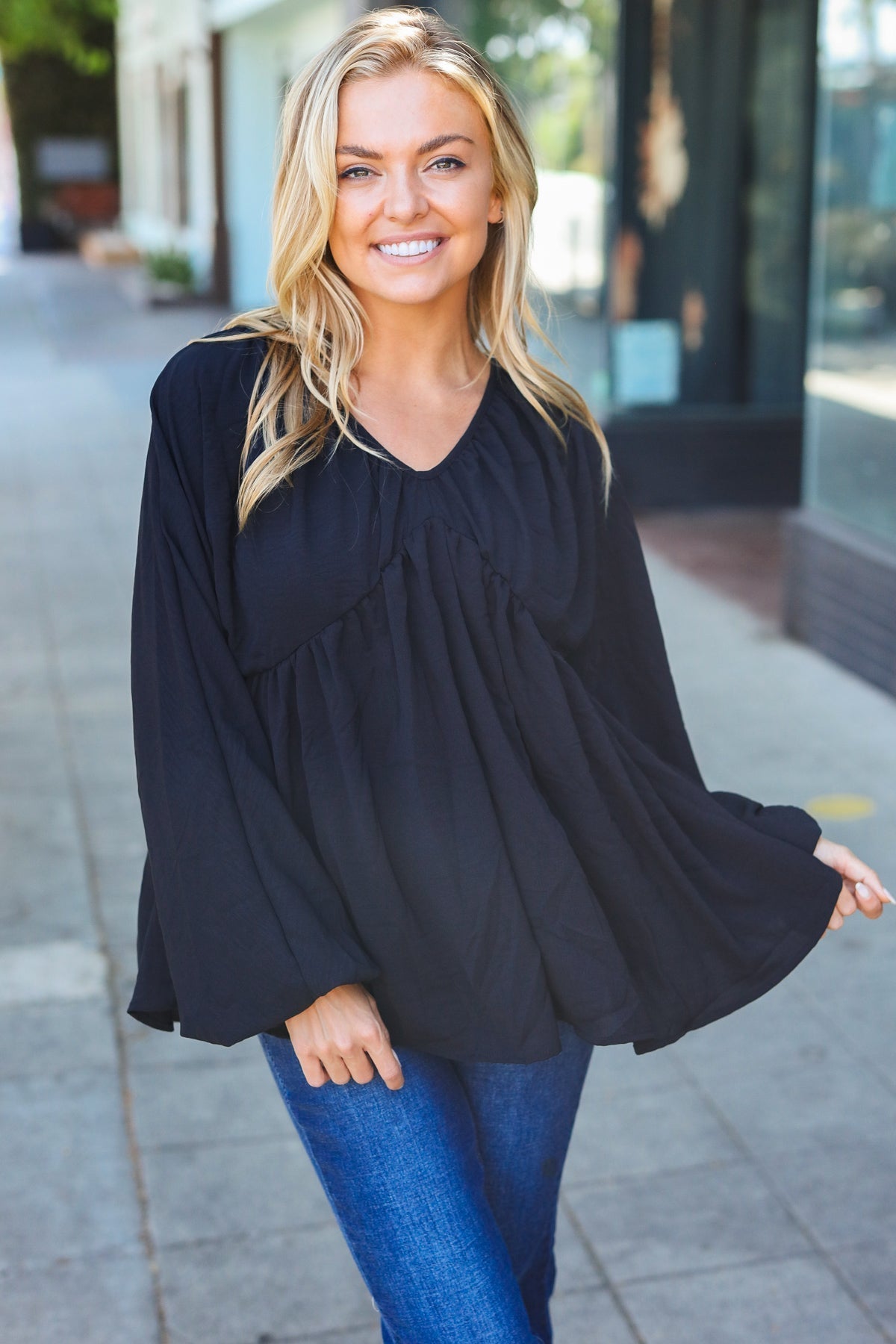 Simple Elegance Black V Neck Babydoll Woven Top - Bitsy Gypsy Boutique