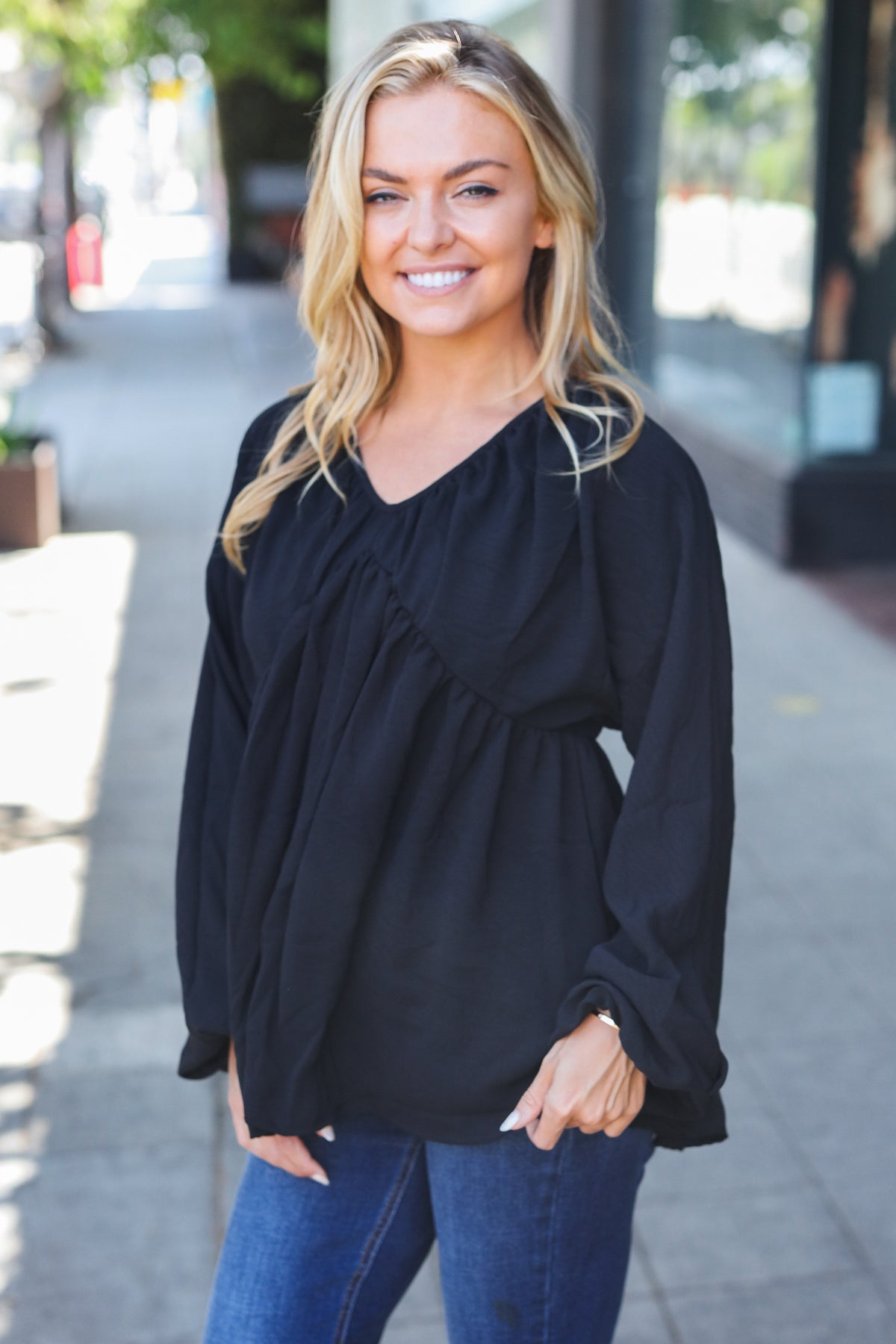 Simple Elegance Black V Neck Babydoll Woven Top - Bitsy Gypsy Boutique