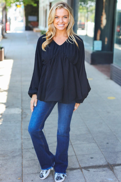 Simple Elegance Black V Neck Babydoll Woven Top - Bitsy Gypsy Boutique