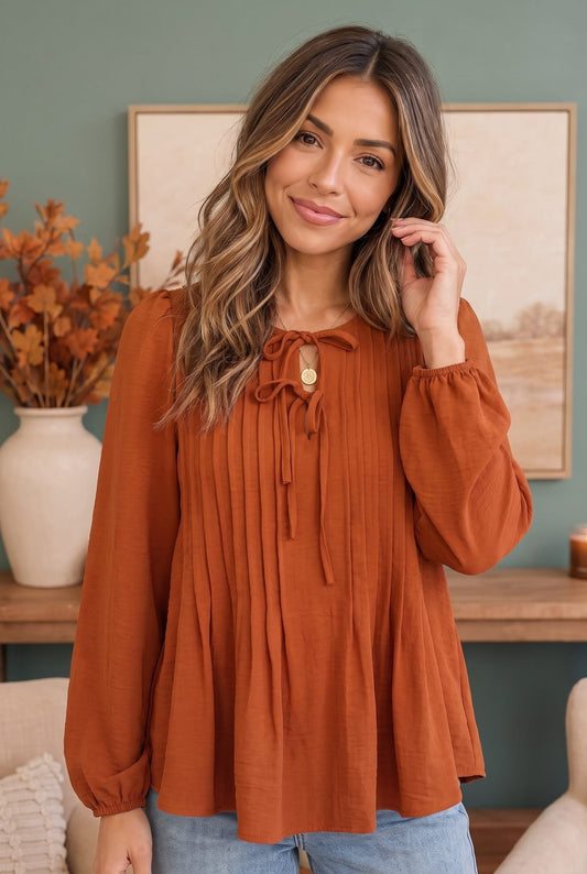 Sipping Apple Cider Tie Neck Blouse - Bitsy Gypsy Boutique