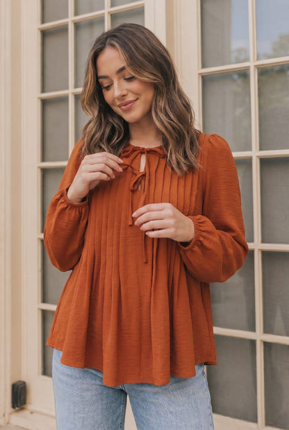 Sipping Apple Cider Tie Neck Blouse - Bitsy Gypsy Boutique
