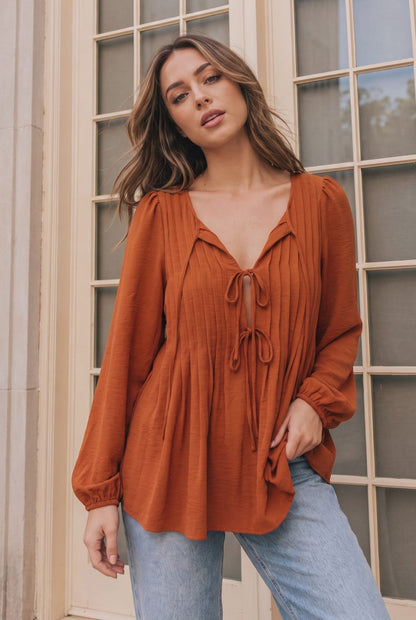 Sipping Apple Cider Tie Neck Blouse - Bitsy Gypsy Boutique