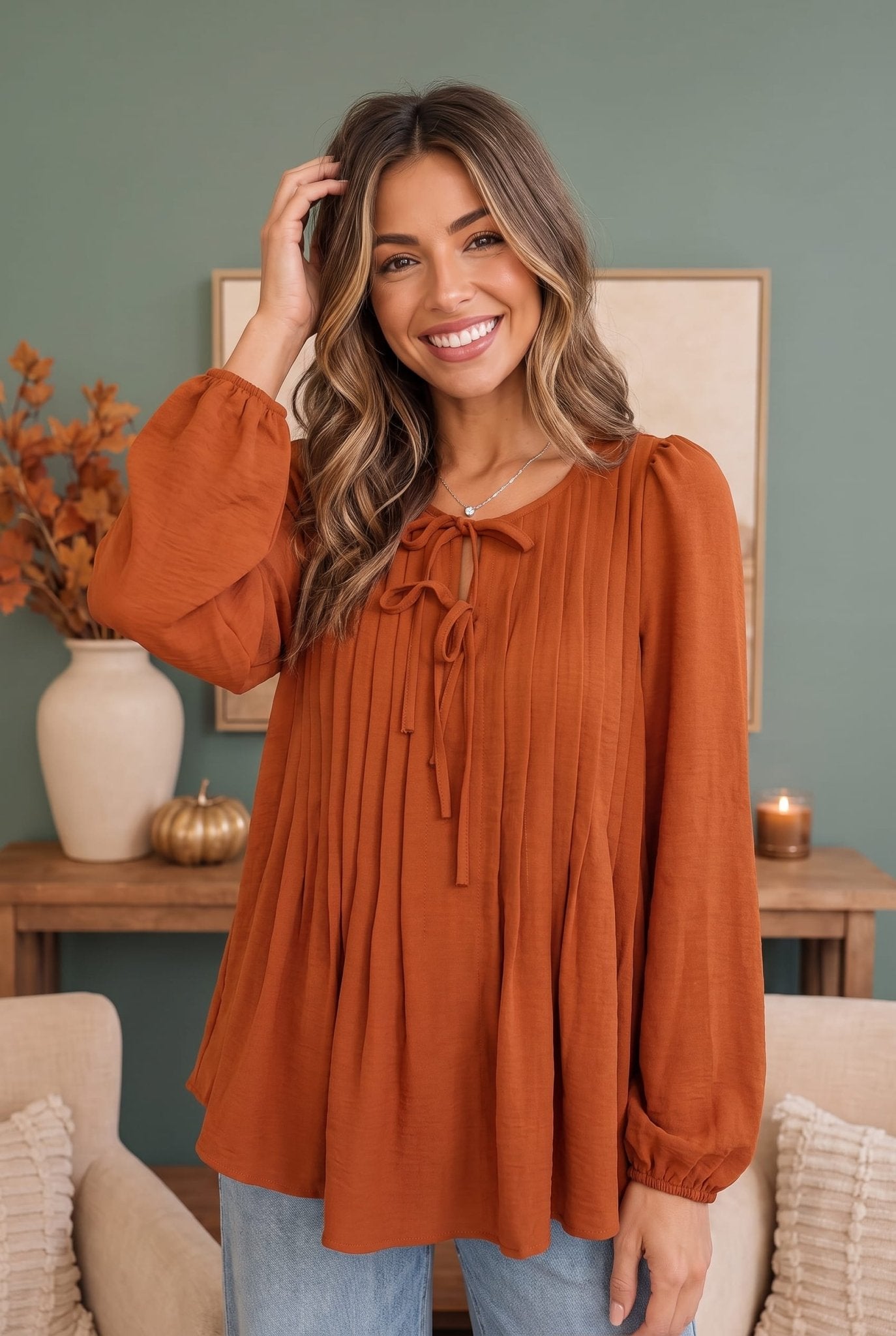 Sipping Apple Cider Tie Neck Blouse - Bitsy Gypsy Boutique