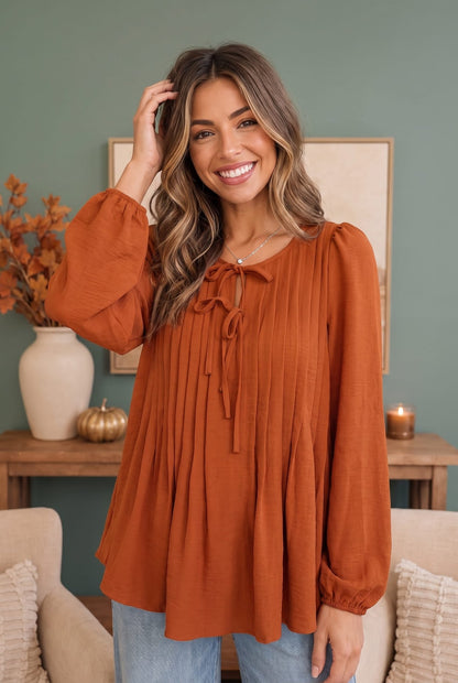 Sipping Apple Cider Tie Neck Blouse - Bitsy Gypsy Boutique