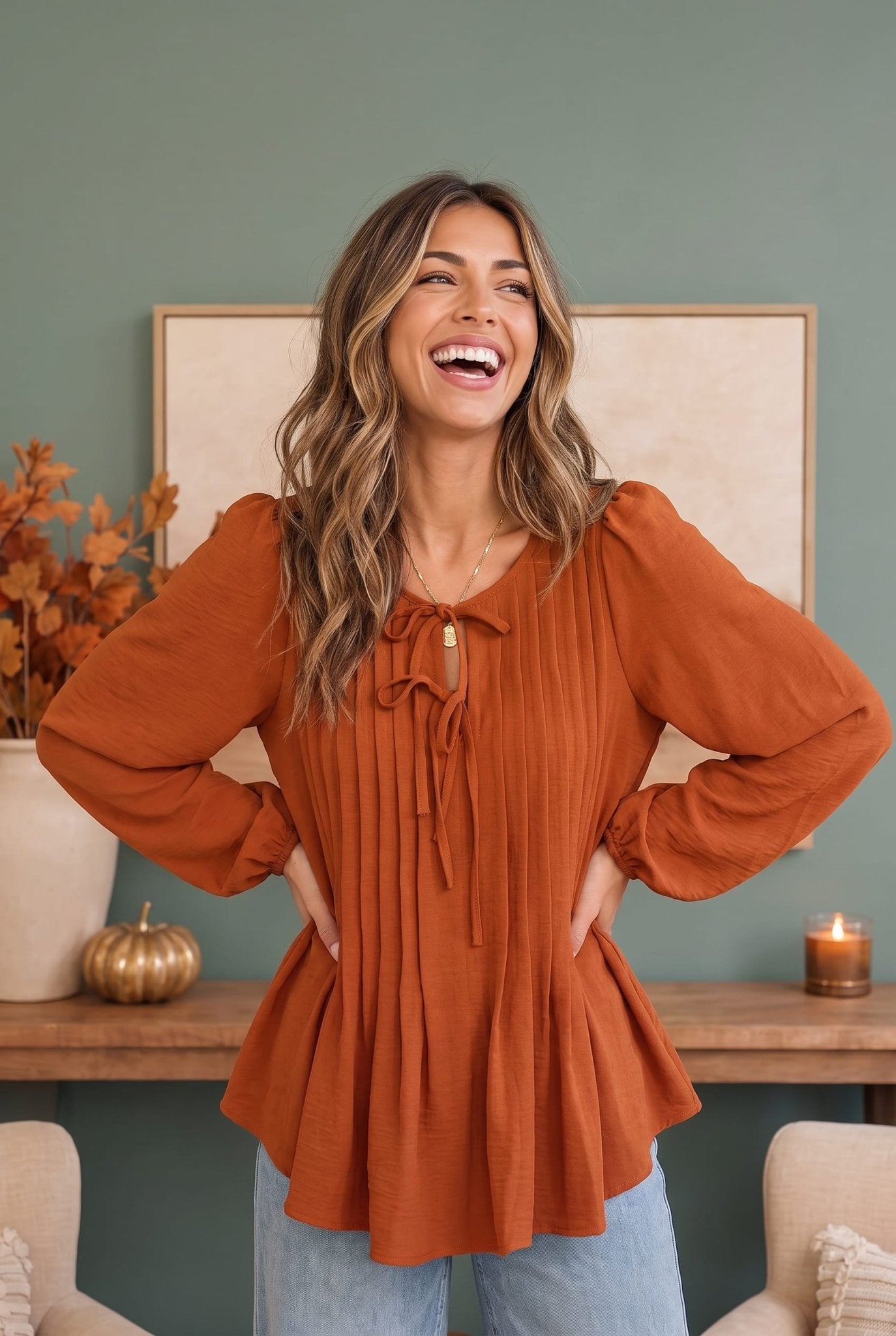 Sipping Apple Cider Tie Neck Blouse - Bitsy Gypsy Boutique