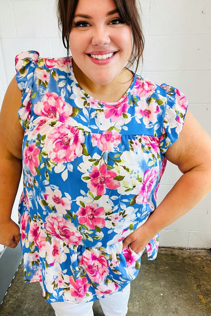 Sky Blue Floral Yoke Flutter Sleeve Keyhole Back Top - Bitsy Gypsy Boutique