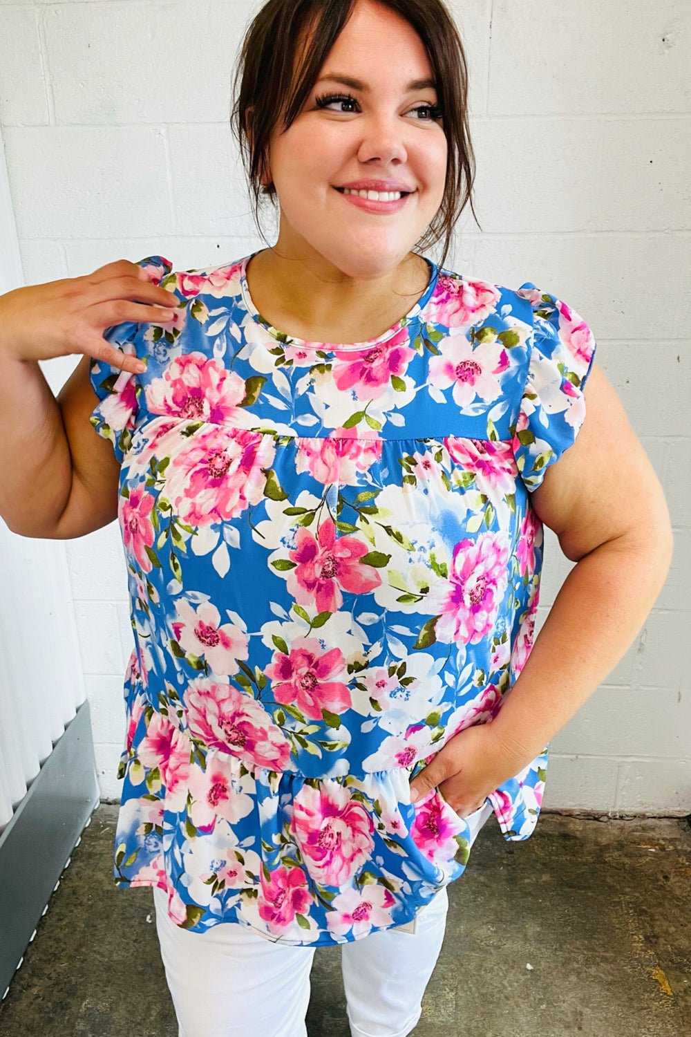 Sky Blue Floral Yoke Flutter Sleeve Keyhole Back Top - Bitsy Gypsy Boutique