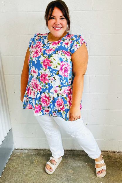 Sky Blue Floral Yoke Flutter Sleeve Keyhole Back Top - Bitsy Gypsy Boutique