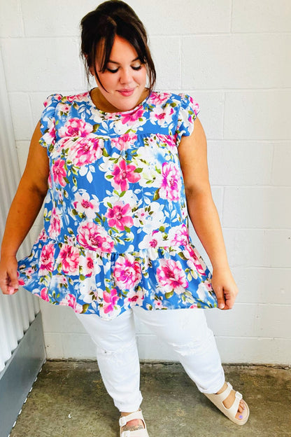 Sky Blue Floral Yoke Flutter Sleeve Keyhole Back Top - Bitsy Gypsy Boutique