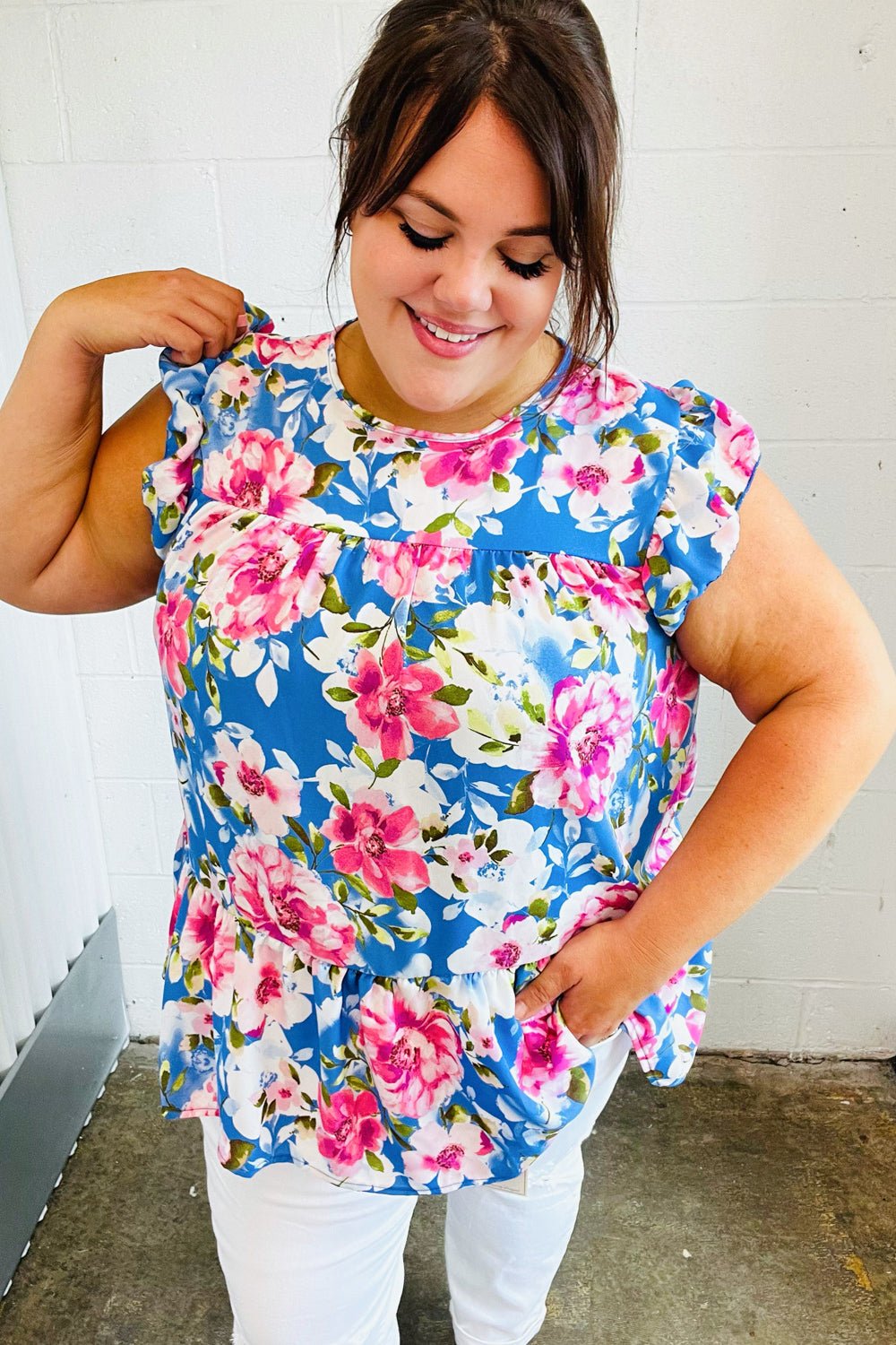 Sky Blue Floral Yoke Flutter Sleeve Keyhole Back Top - Bitsy Gypsy Boutique