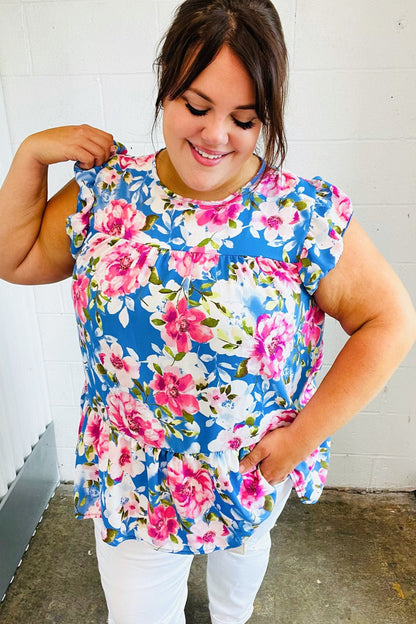 Sky Blue Floral Yoke Flutter Sleeve Keyhole Back Top - Bitsy Gypsy Boutique