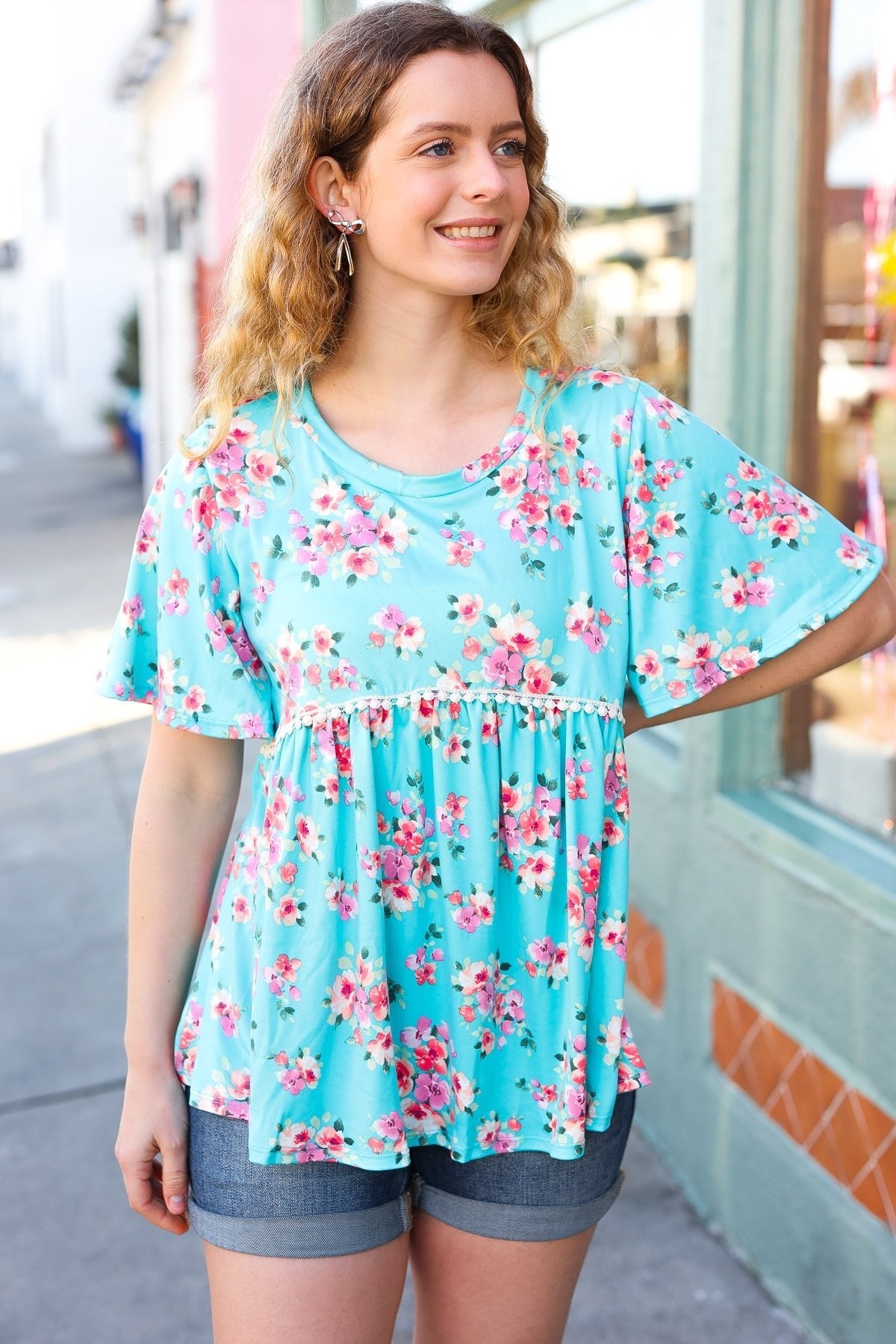 Sky Blue Three-Quarter Sleeve Floral Peplum Babydoll Top - Bitsy Gypsy Boutique