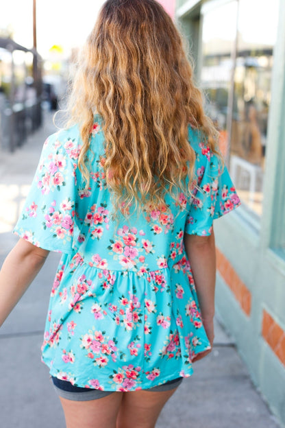 Sky Blue Three-Quarter Sleeve Floral Peplum Babydoll Top - Bitsy Gypsy Boutique