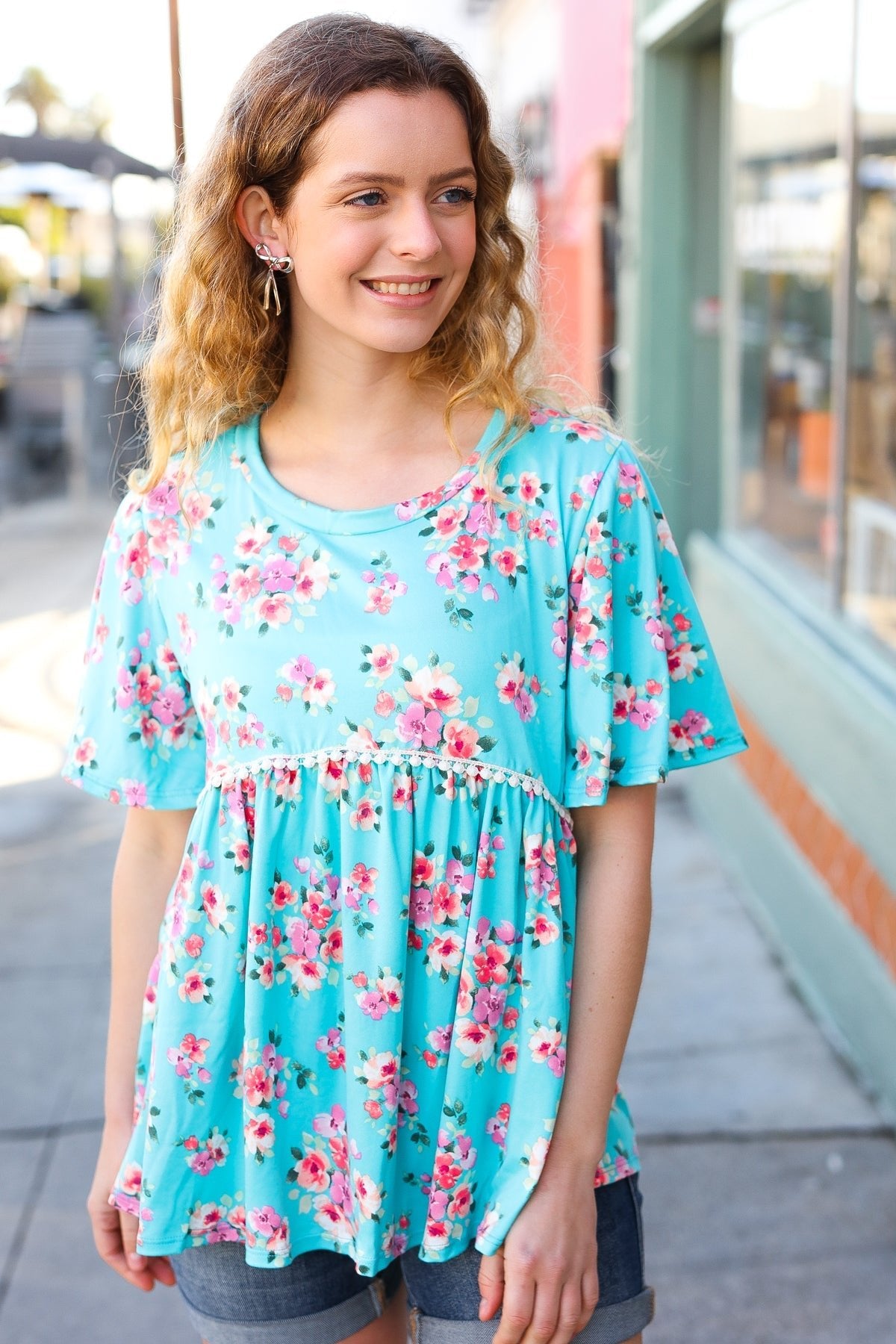 Sky Blue Three-Quarter Sleeve Floral Peplum Babydoll Top - Bitsy Gypsy Boutique