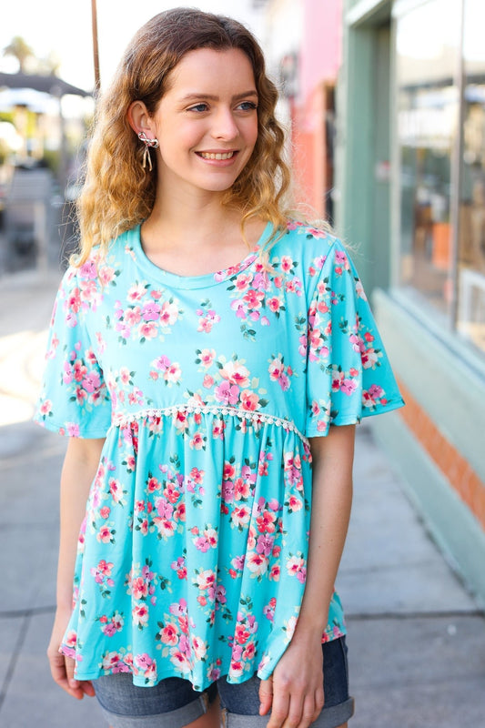 Sky Blue Three-Quarter Sleeve Floral Peplum Babydoll Top - Bitsy Gypsy Boutique