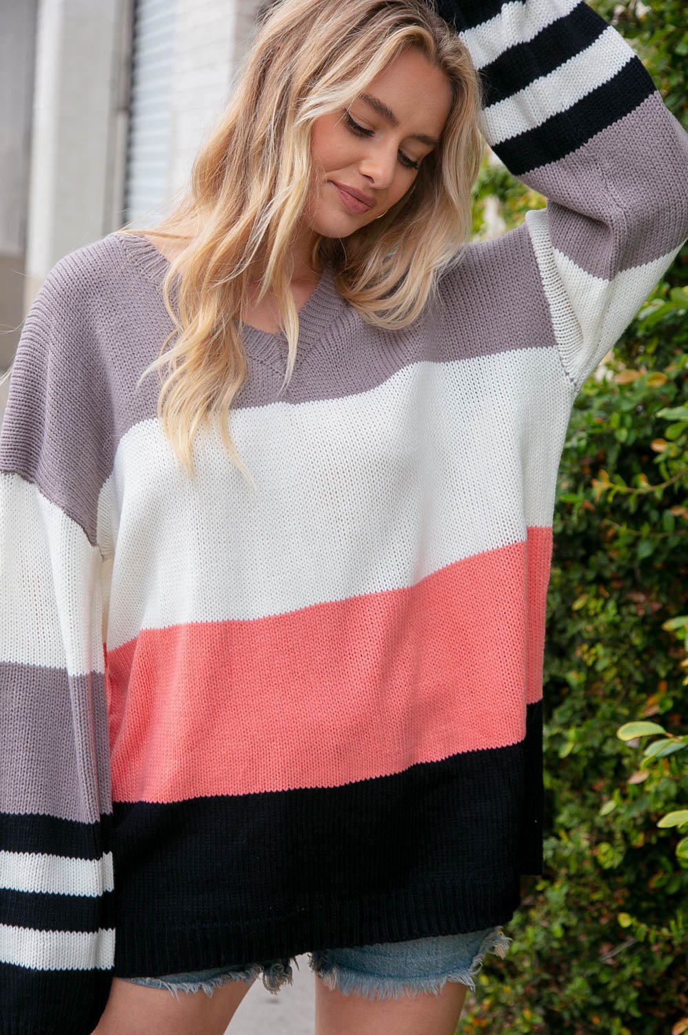 Slate V Neck Color Block Slouchy Knit Sweater - Bitsy Gypsy Boutique
