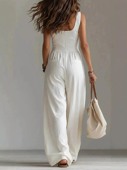 Sleeveless Button Front Pocketed Wide Leg Jumpsuit - Bitsy Gypsy Boutique