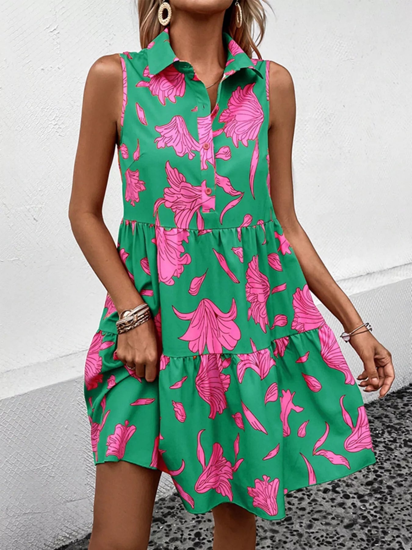 Sleeveless Floral Print Tiered Shirt Dress - Bitsy Gypsy Boutique
