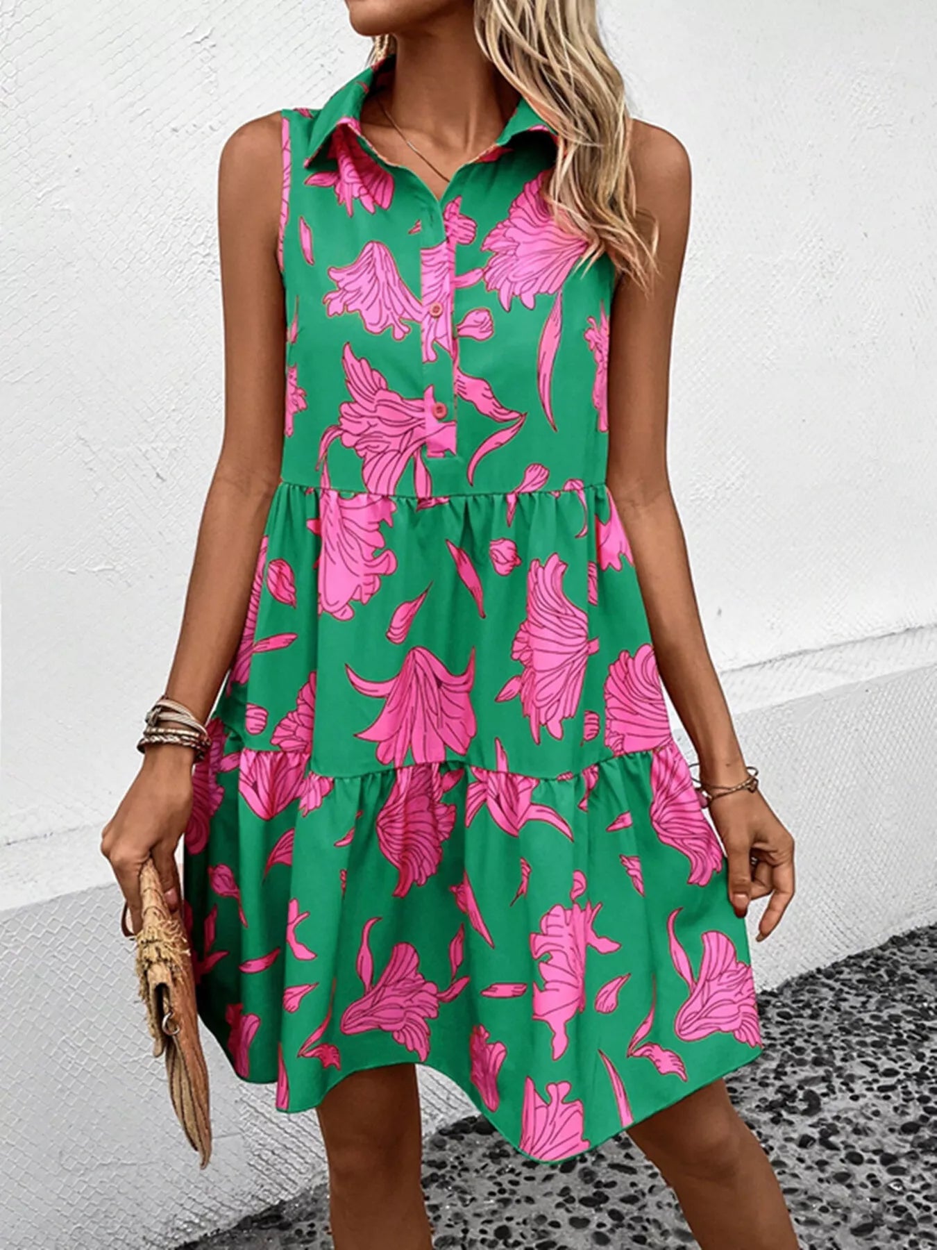 Sleeveless Floral Print Tiered Shirt Dress - Bitsy Gypsy Boutique