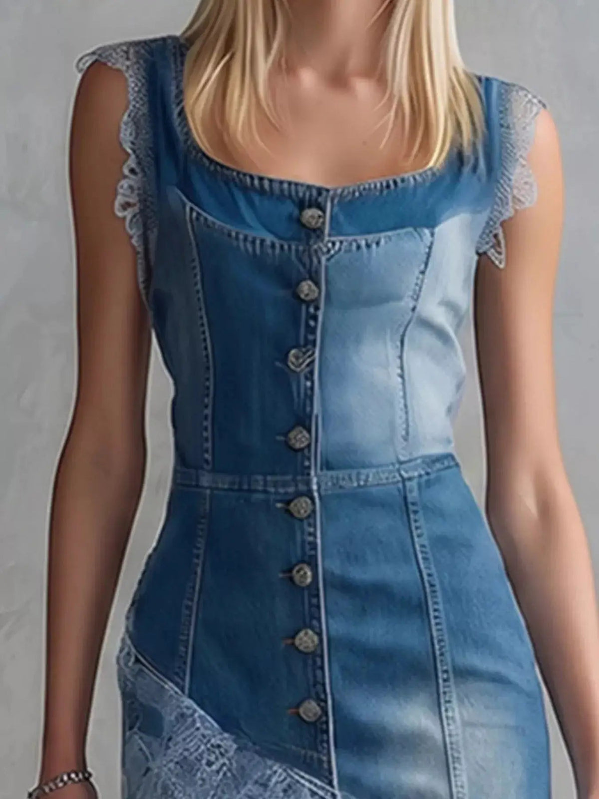 Sleeveless Patchwork Denim Dress with Asymmetric Lace Hem - Bitsy Gypsy Boutique