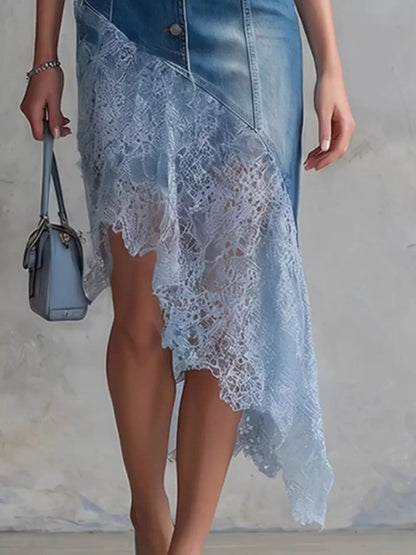 Sleeveless Patchwork Denim Dress with Asymmetric Lace Hem - Bitsy Gypsy Boutique