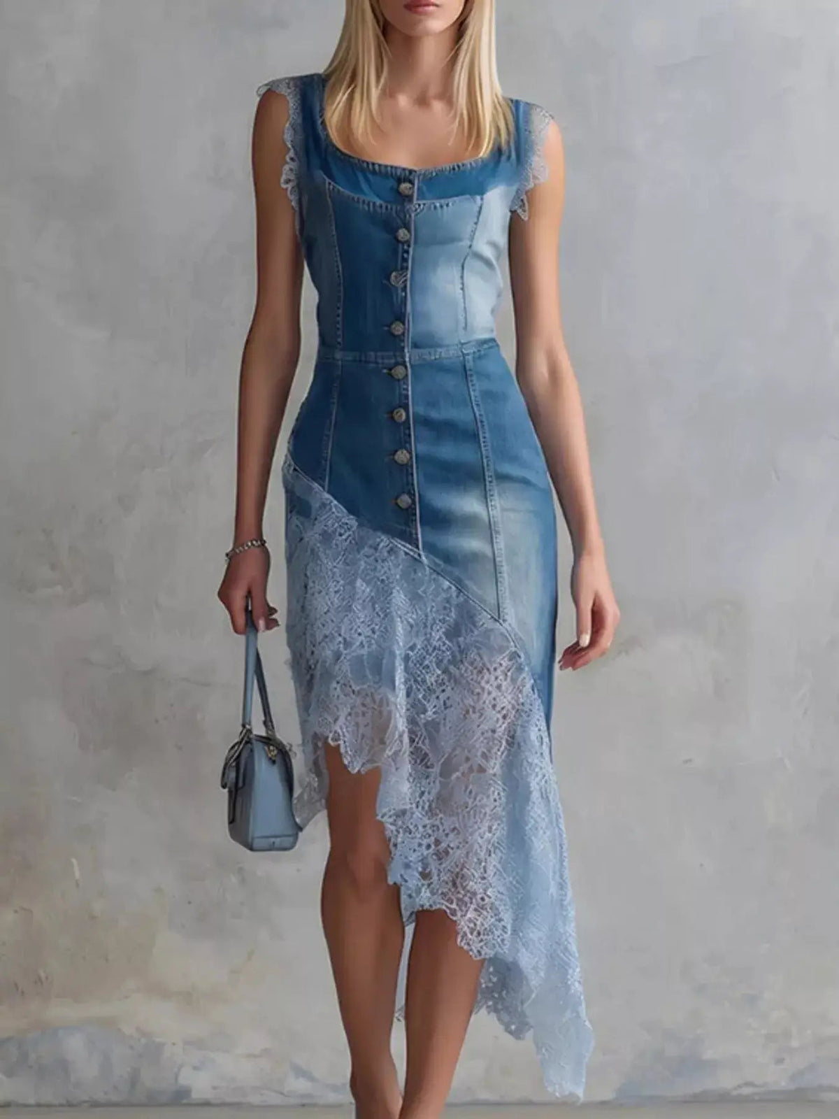 Sleeveless Patchwork Denim Dress with Asymmetric Lace Hem - Bitsy Gypsy Boutique