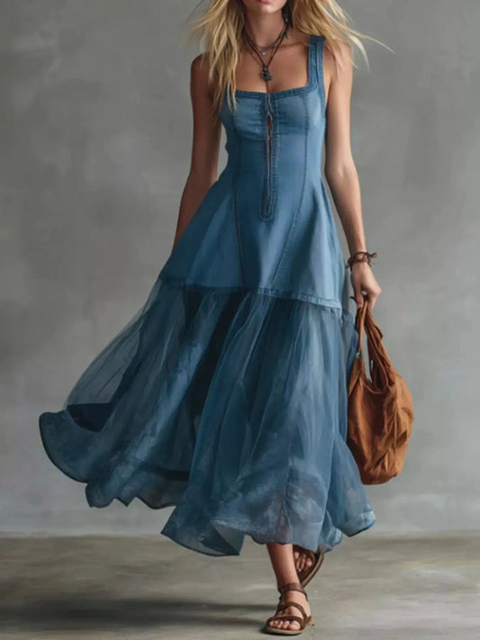 Sleeveless Tulle Patchwork Denim Dress - Bitsy Gypsy Boutique