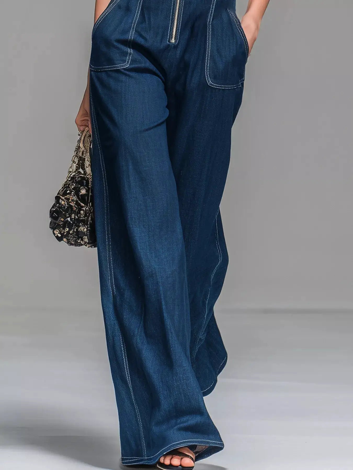 Sleeveless Zip-Front Wide-Leg Denim Jumpsuit by Trendsi