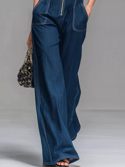 Sleeveless Zip-Front Wide-Leg Denim Jumpsuit by Trendsi