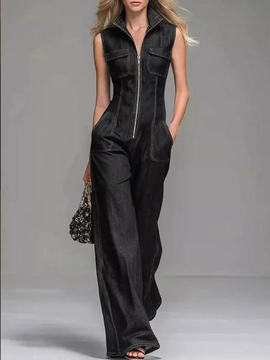 Sleeveless Zip-Front Wide-Leg Denim Jumpsuit - Bitsy Gypsy Boutique
