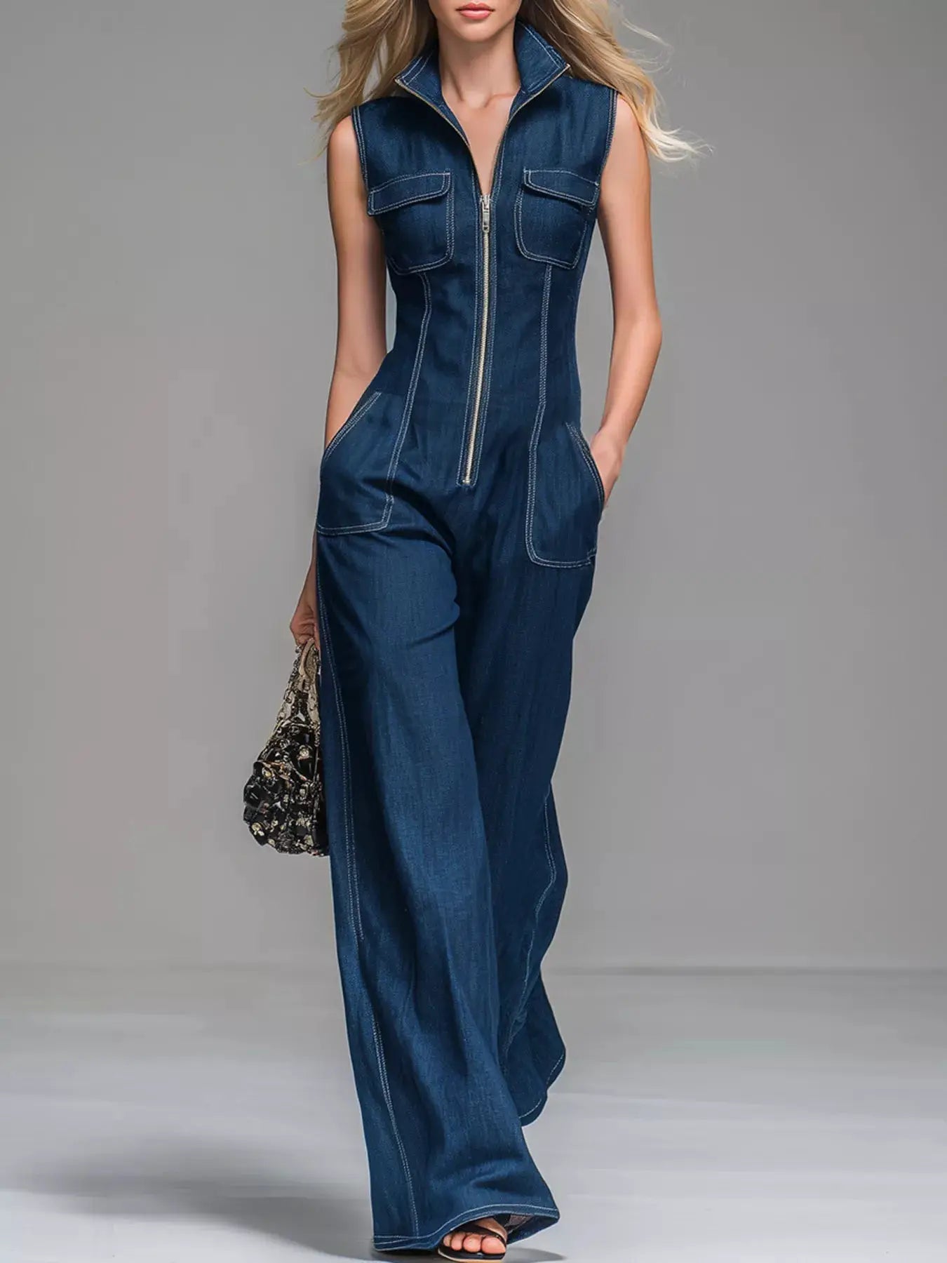 Sleeveless Zip-Front Wide-Leg Denim Jumpsuit by Trendsi