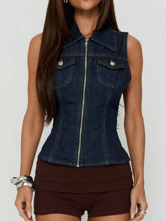 Sleeveless Zip-Up Denim Vest - Bitsy Gypsy Boutique