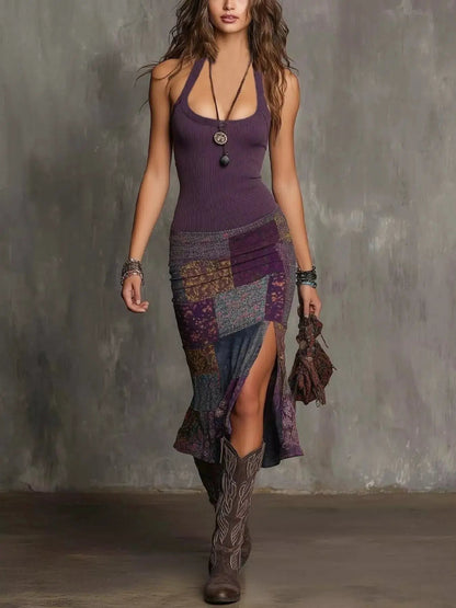 Slit Printed Sleeveless Midi Dress - Bitsy Gypsy Boutique