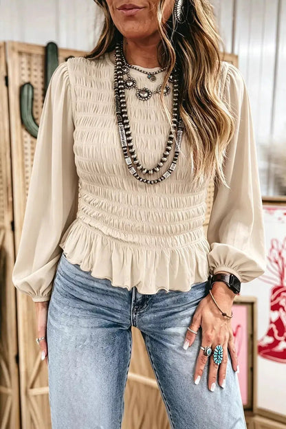 Smocked Balloon Sleeve Peplum Blouse - Bitsy Gypsy Boutique