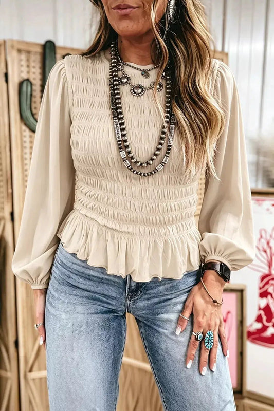 Smocked Balloon Sleeve Peplum Blouse - Bitsy Gypsy Boutique