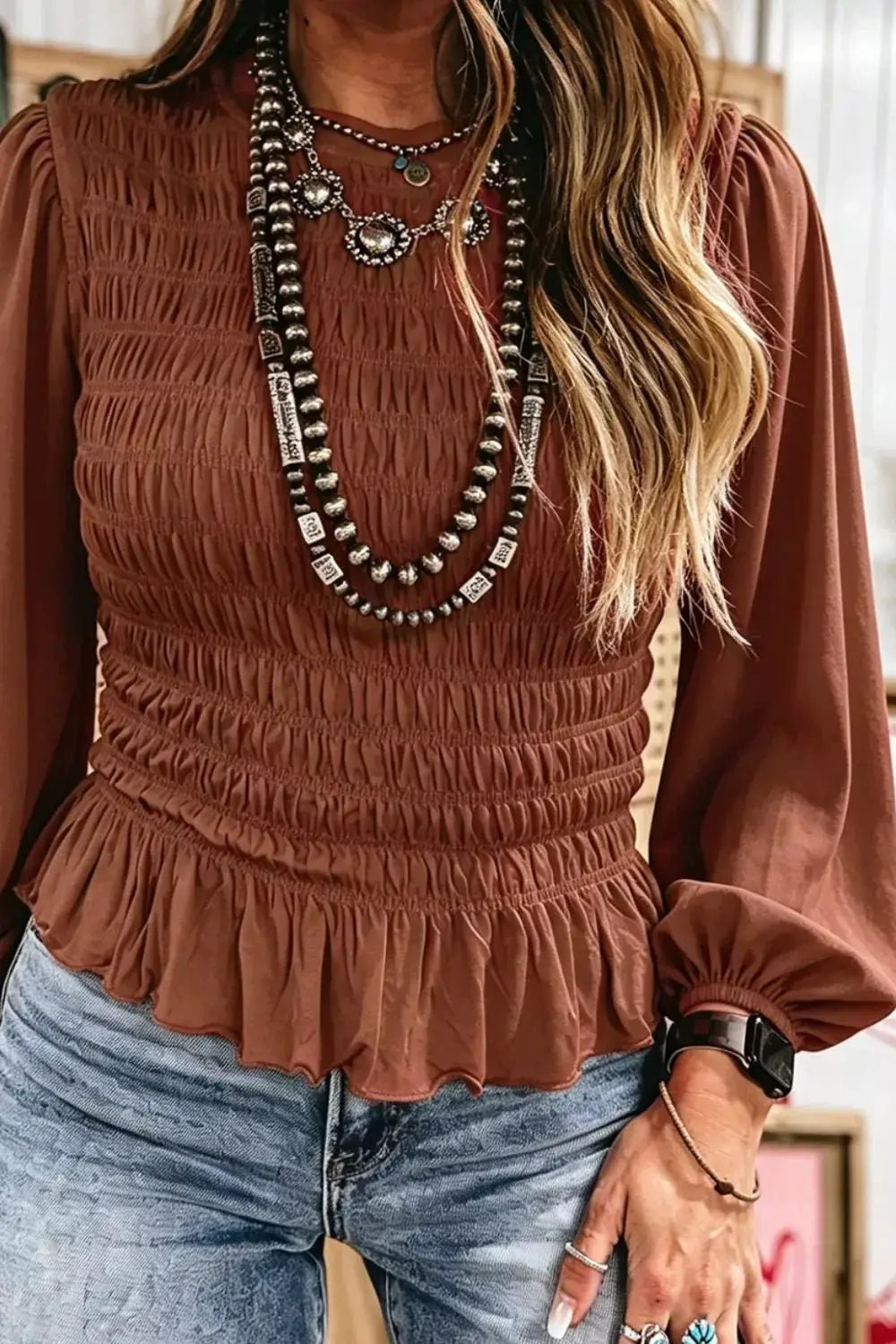 Smocked Balloon Sleeve Peplum Blouse - Bitsy Gypsy Boutique