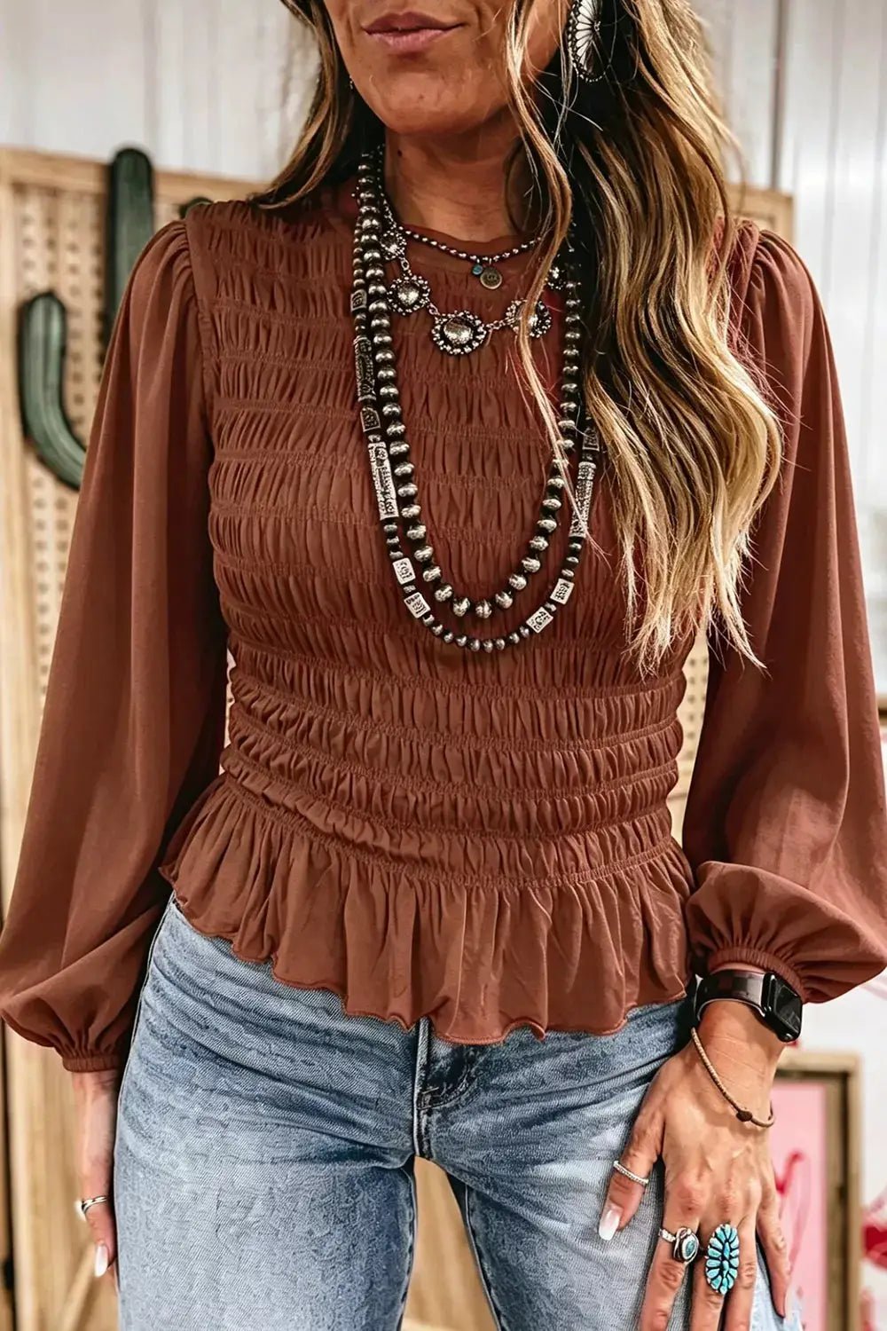 Smocked Balloon Sleeve Peplum Blouse - Bitsy Gypsy Boutique