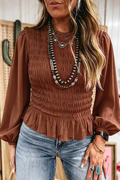 Smocked Balloon Sleeve Peplum Blouse - Bitsy Gypsy Boutique