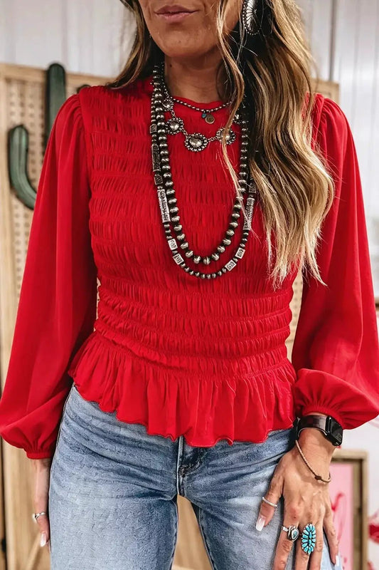 Smocked Balloon Sleeves Peplum Blouse - Bitsy Gypsy Boutique