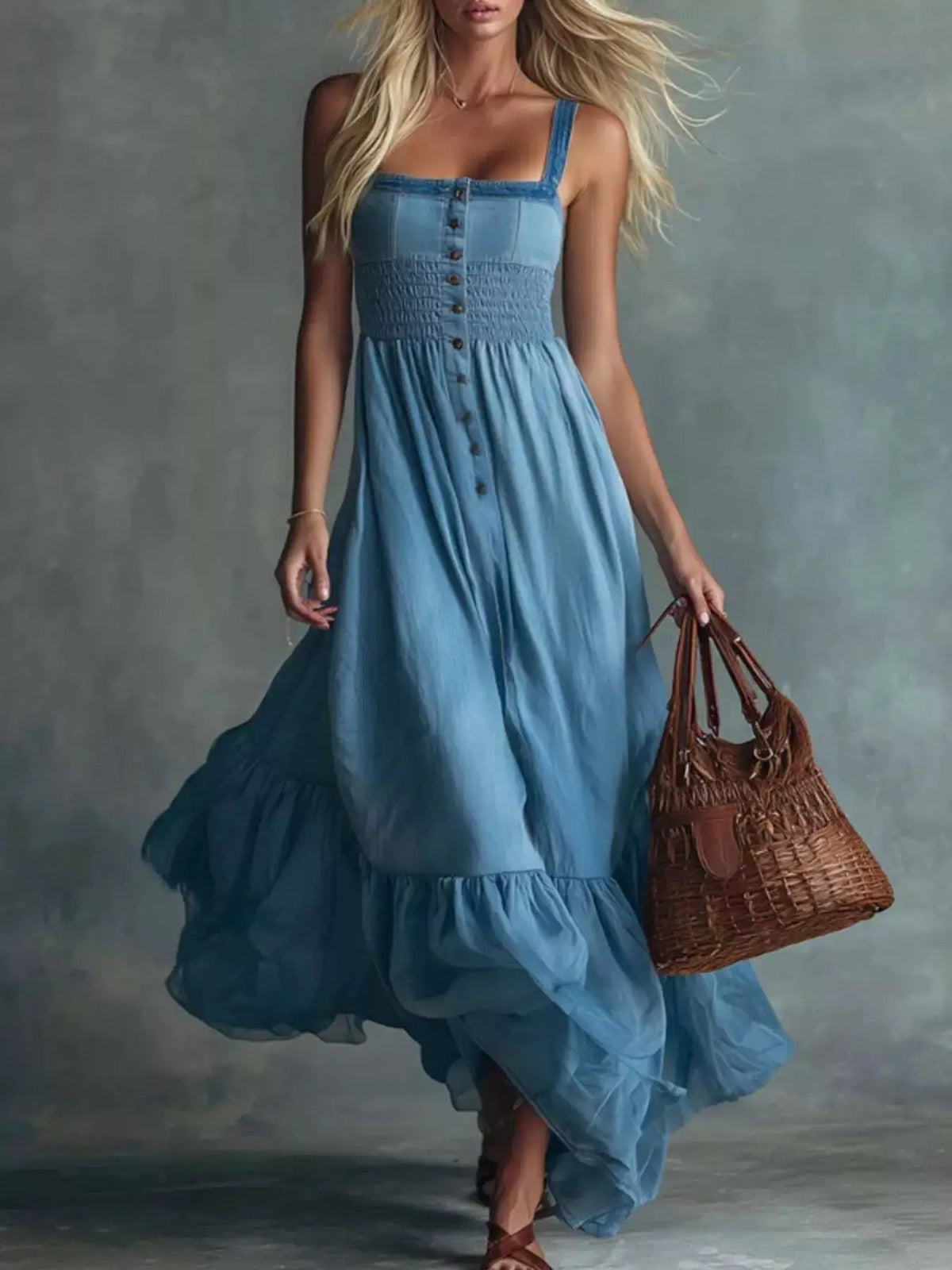 Smocked Button Front Denim Maxi Dress - Bitsy Gypsy Boutique