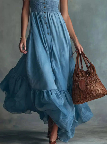 Smocked Button Front Denim Maxi Dress - Bitsy Gypsy Boutique