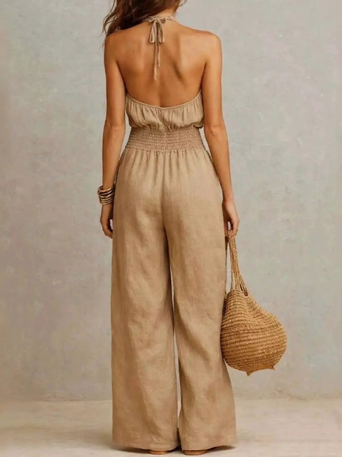 Smocked Halter Neck Wide-Leg Jumpsuit by Trendsi