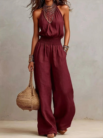 Smocked Halter Neck Wide-Leg Jumpsuit by Trendsi