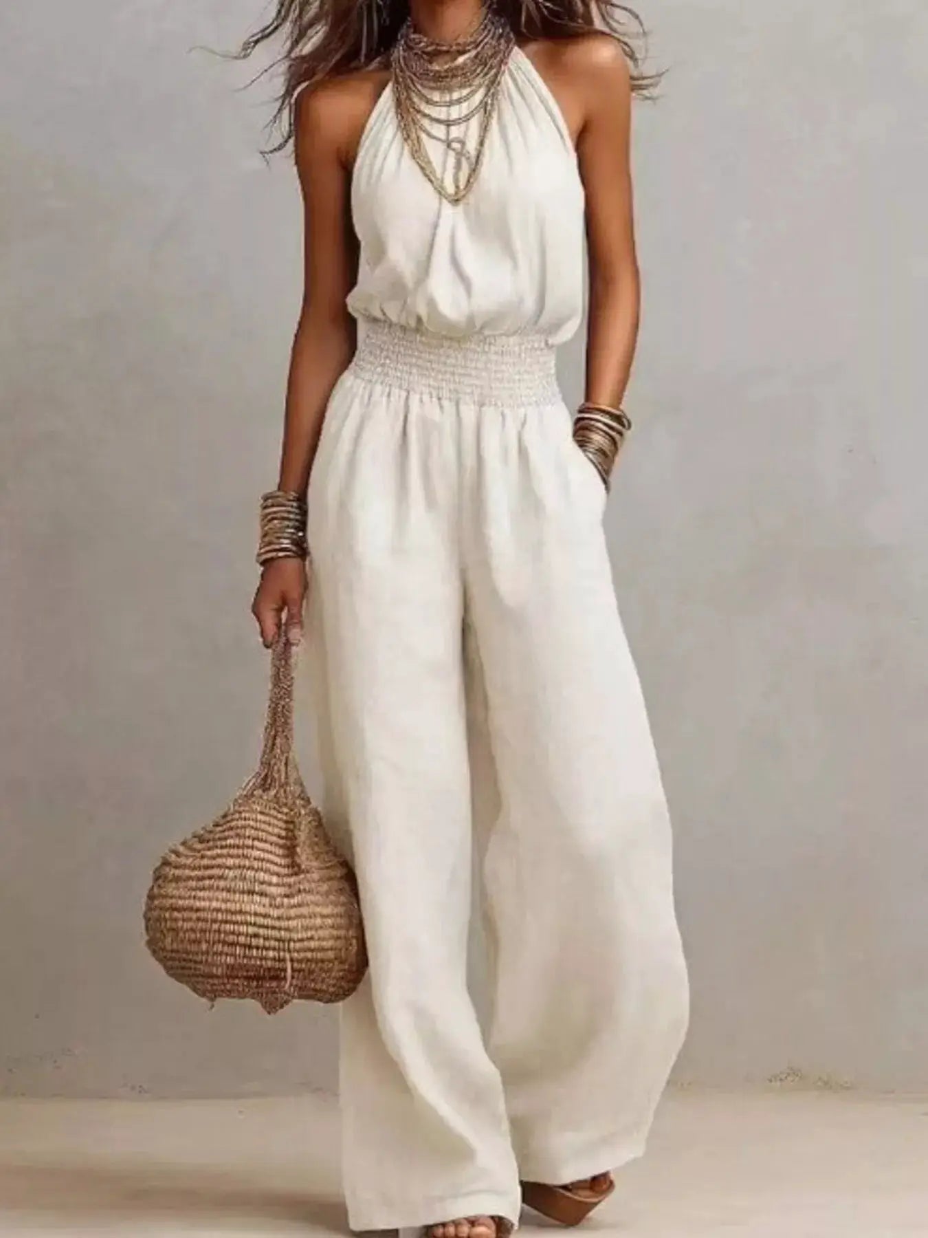 Smocked Halter Neck Wide-Leg Jumpsuit by Trendsi